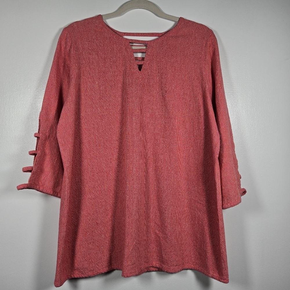 Toofan Pink Marled Terry Cotton Lagenlook Tunic Top Large 3/4 Cut Out Sleeve